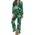 thumbnail image 2 of Pijama de copo de nieve de Navidad para mujer, Conjunto de pijama estético de 2 piezas con estampado verde, manga larga, cuello en V, encantador traje para el hogar, Primavera, 2 of 4