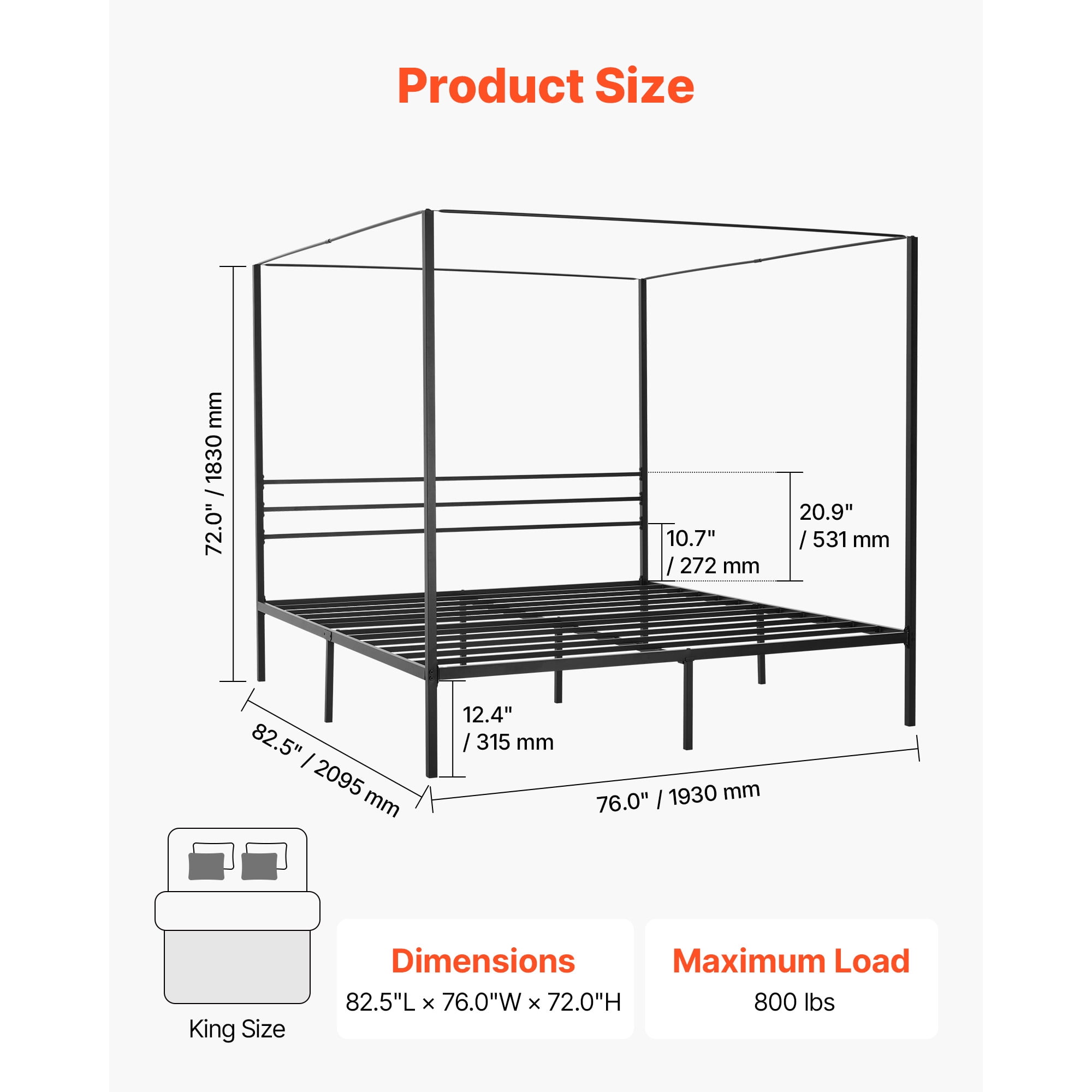 KFFKFF King Size Metal Canopy Bed Frame, Four-Poster Design with Sturdy Steel Slats, Underbed Storage, No Box Spring Required, Simple Assembly, Black