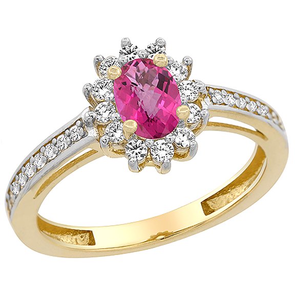 14K Yellow Gold Natural Pink Topaz Flower Halo Ring Oval 6x4mm Diamond Accents, size 7.5