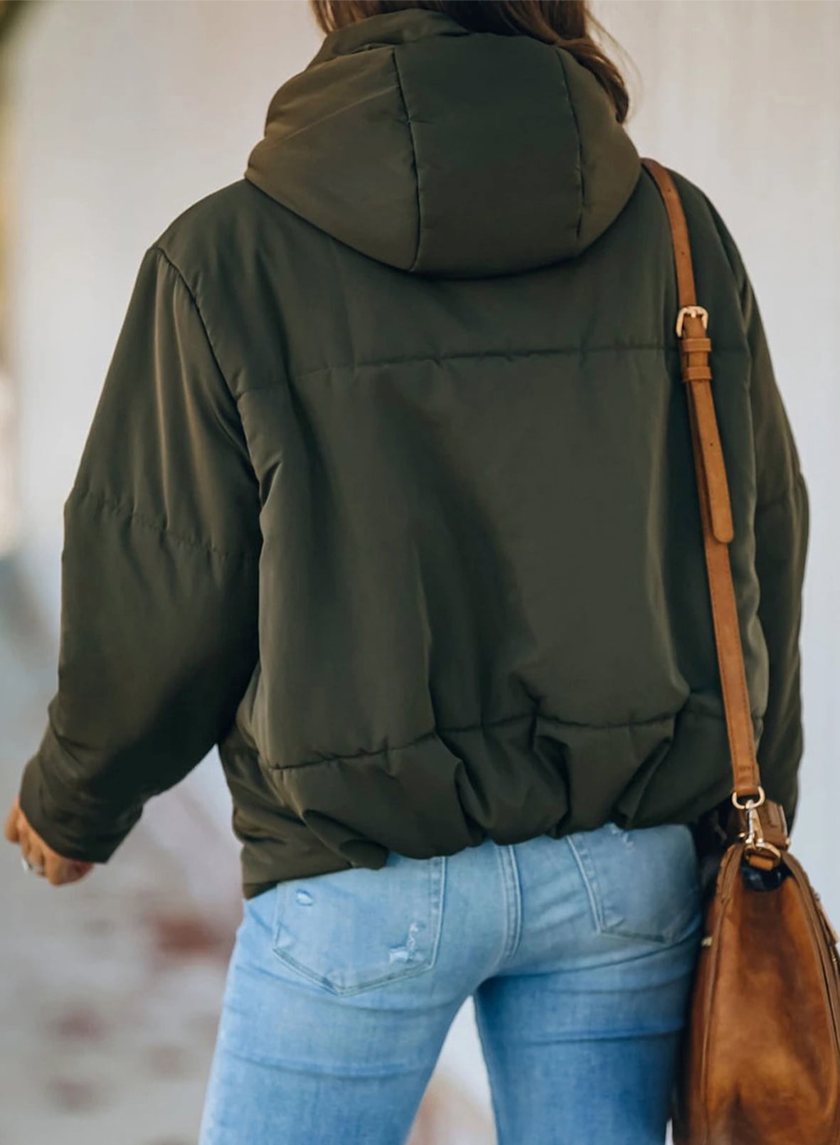 Hooded Puffer Jacket for Women with Full Zipper Drawstring Winter Cropped Coat with Pockets Petite