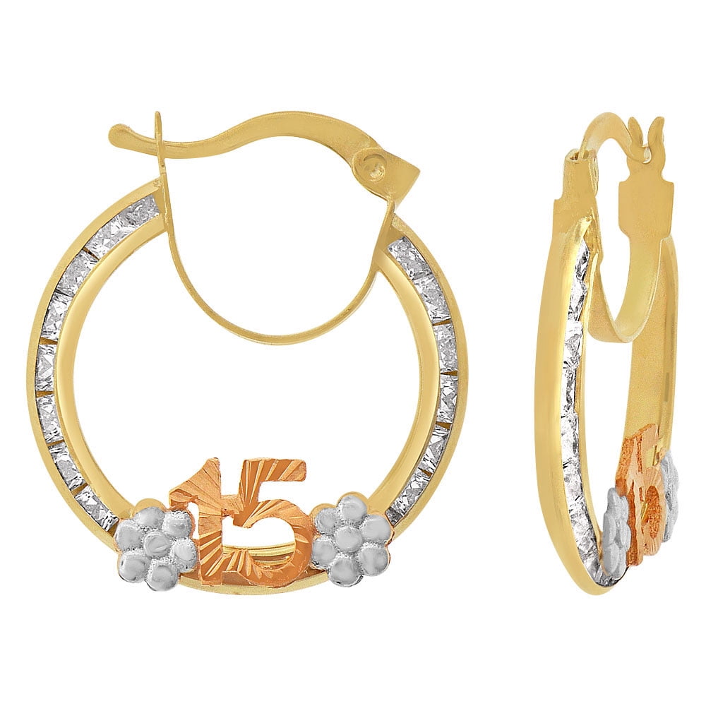 GiveMeGold 14k Tricolor Gold, 15 Anos Quinceanera Hollow Tube Hoop