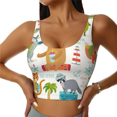 Qokaie Travel Animals Pattern Womens Scoop Neck Sports Bra Breathable Workout Vest Padded U Back Medium Impact Fitness Gym Yoga Bra Workout Crop Top-Small