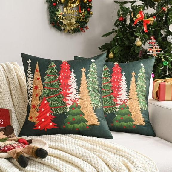 Decorative Christmas Tree Pillow Covers 18x18 Inch Set of 2,Christmas Green Linen Cushion Cases, Winter Christmas Throw Pillows for Sofa Couch Bed Living Room