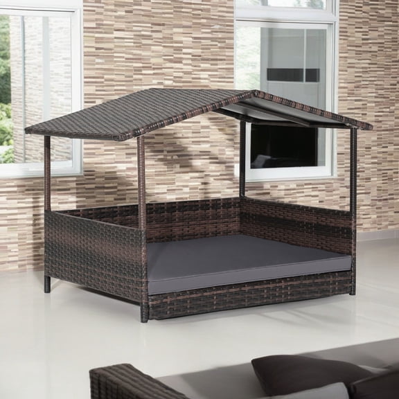 Pefilos 38" Pet Bed for Cat and Dog with Cushion Cover, Outdoor Weatherproof Roof PE Wicker Dog House Furniture, Dog Bed with Canopy, Brown