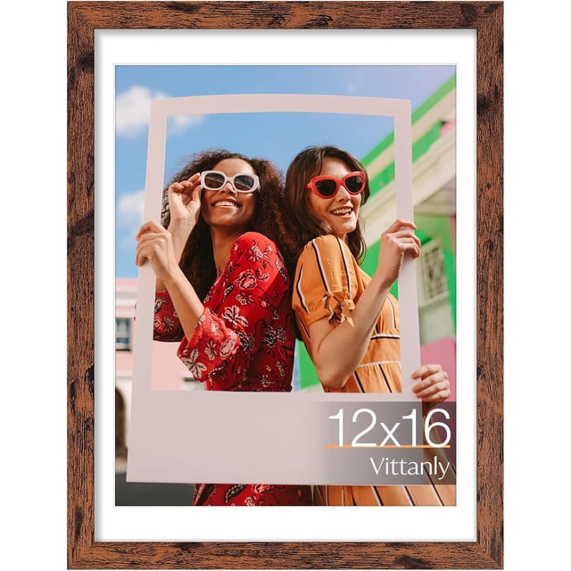 Vittanly 12x16 Picture Frame, Display Pictures 11x14 with Mat or 12x16 without Mat, Premium Material with Shatter Resistant Plexiglass, Poster Frame for Wall Display, Dark Brown, 1 Pack
