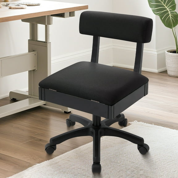 Adjustable Height Sewing Chair with Backrest, Hydraulic Armless Sewing Professional Craft Chair with Wheels and Under Seat Storage for Crafting,Sewing Room Furniture,Black