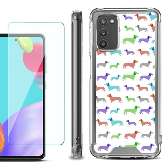Shockproof Bumper Phone Case for Samsung Galaxy A03s, with Tempered Glass Screen Protector, by OneToughShield ® - Colorful Dachshund/Puppy