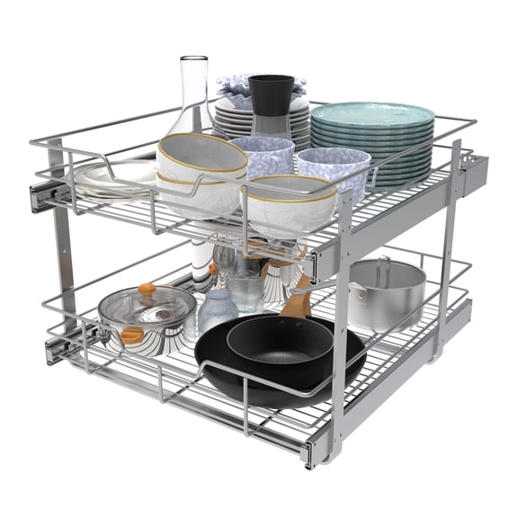 STORKING Adjustable 2-Shelf 2-Tiers 2-Drawer Kitchen Pull-Out Organizers, Silver