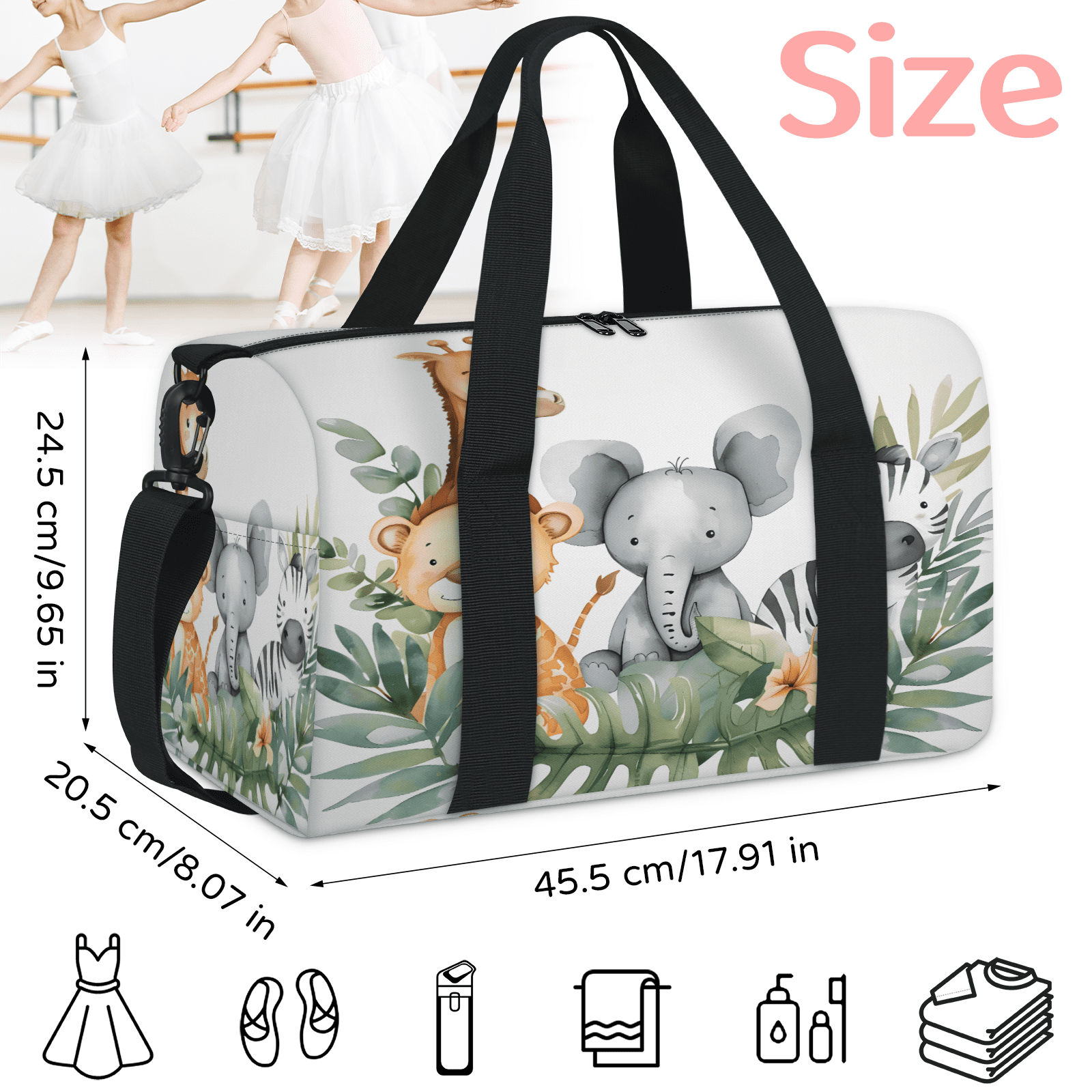 Herdesigns Woodland Jungle Funny Cute Animals Gym Bag for Women, Duffle Bag for Travel Sport, Lightweight Waterproof Carry on Weekender Overnight Dance Yoga Workout Bags