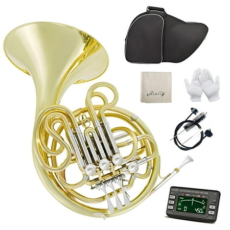 Double French Horn F/Bb 4 Keys Nickel plated＆Gold Craft Lacquer Brass French Horn With French Horn Case, Mouthpiece, Gloves, Cleaning Cloth and Brush (Gold)