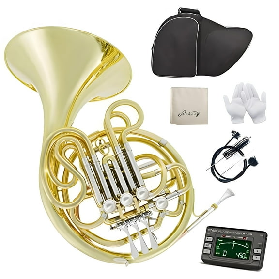 Double French Horn F/Bb 4 Keys Nickel plated&Gold Craft Lacquer Brass French Horn With French Horn Case, Mouthpiece, Gloves, Cleaning Cloth and Brush (Gold)