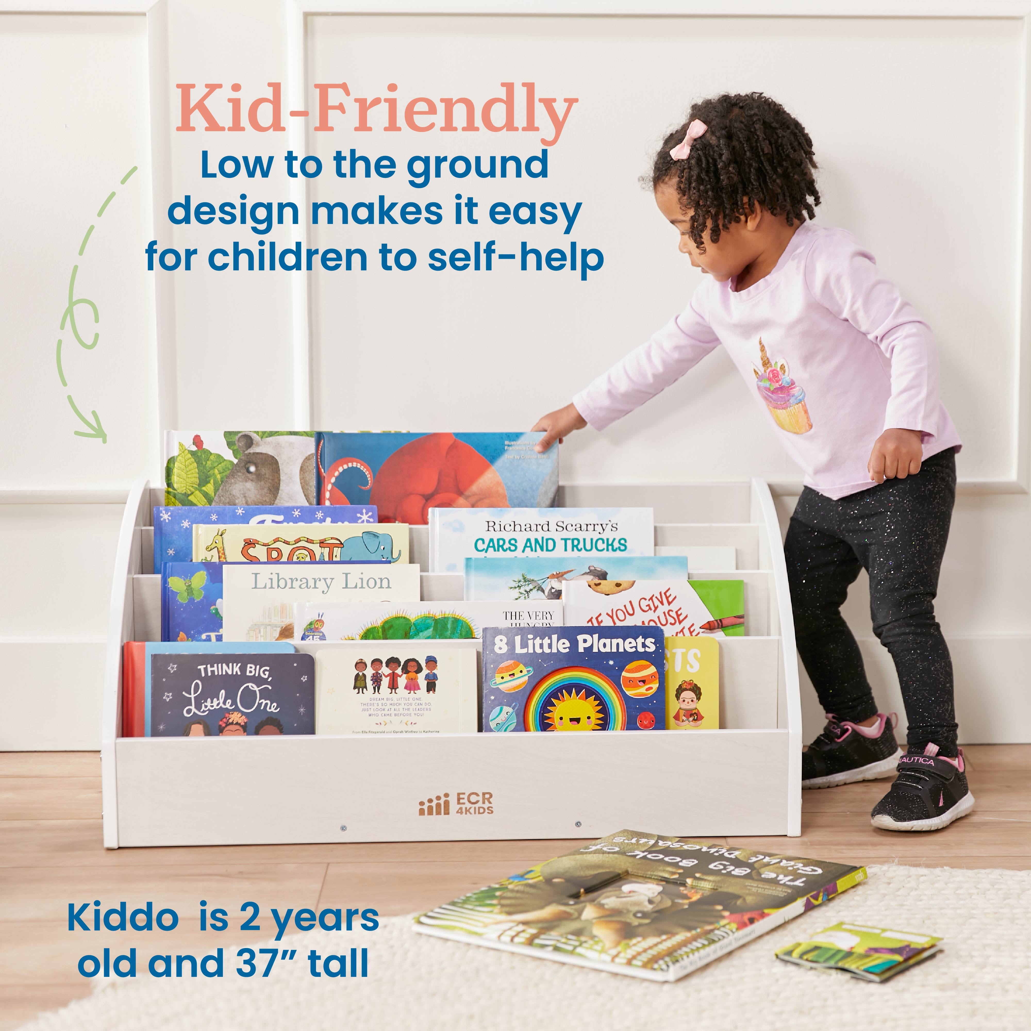 ECR4Kids Wooden Forward-Facing Toddler Book Display, Beginner Bookshelf, White Wash