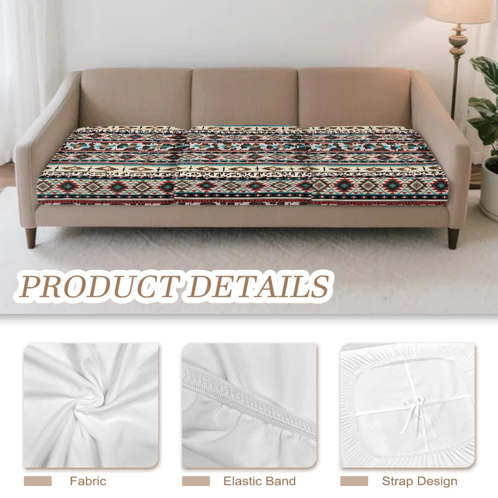 TSOVTHRID Aztec Tribal Cow Stripe Print Couch Cushion Cover Anti-Slip Cushion Couch Sofa Covers with Elastic Bottom Water Resistant Sofa Seat Slipcover Protector for Living Room, 24x24 Inch