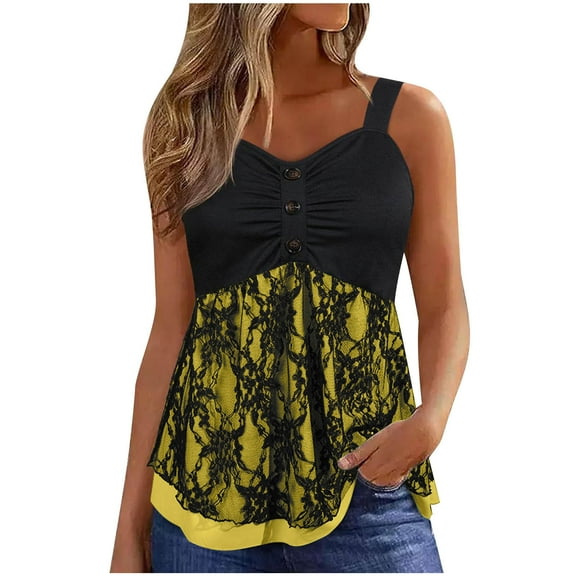 Women Button V Neck Lace Double Layer Tank Tops Summer Loose Fit Flowy Sleeveless Shirts Casual Blouses Tunic Top Tees Yellow,XL