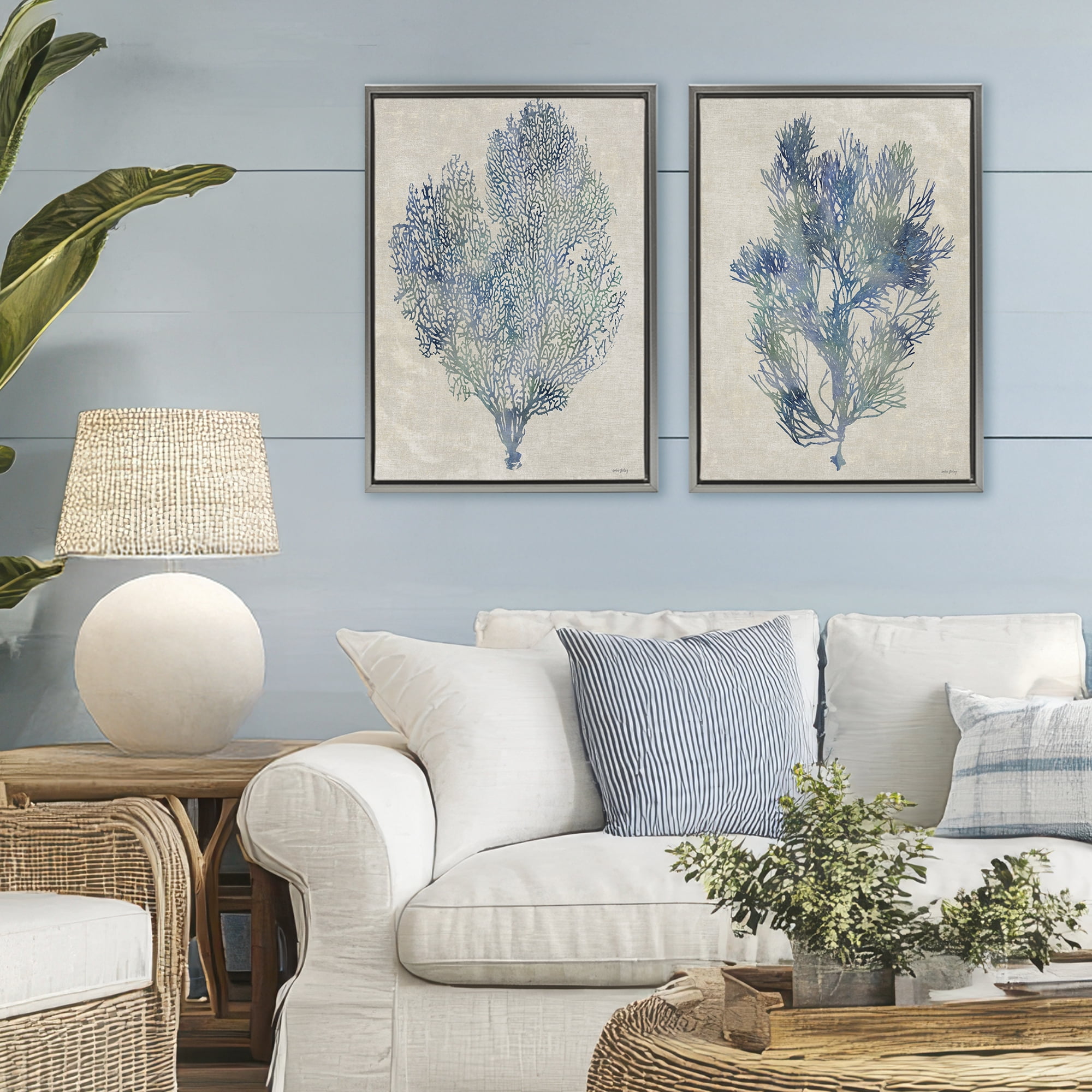 Stupell Industries Fan Coral Study in Blues 2 Piece Gray Framed Floater Canvas Set, design by Amber Sterling