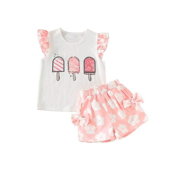 Xsylife 2Pcs Toddler Girl Summer Outfits Fly Sleeve Ice Cream Print Tops Shorts Set Kid Clothes