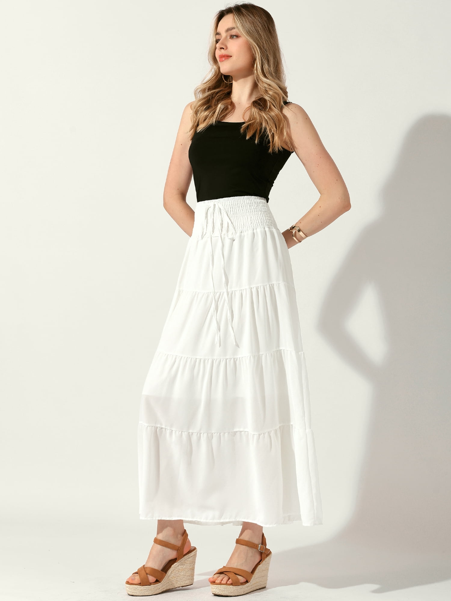 DARING DIVA Women Elastic Waist Tiered Smocked Flowy Maxi Skirt XL White