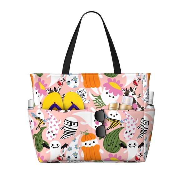 Yiaed Cartoon Halloween Print Large Capacity Beach Travel Bag - Waterproof Zipper Vacation Tote for Sandproof Storage, and Camping