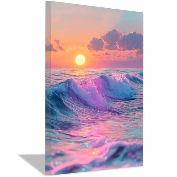 Pink Purple Sunset Wave Canvas Wall Art,Colorful Ocean Prints Painting,Modern Aesthetic Decor for Living Room Bedroom Bathroom Home Decor,Framed Ready to Hang-12"L x 8"W