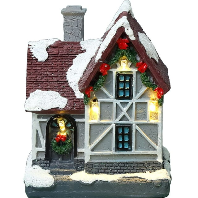 Casa iluminada navideña LED, casa de pueblo de Navidad, adorno de escritorio, centro de mesa, adorno, colóquelo en su mesa, chimenea