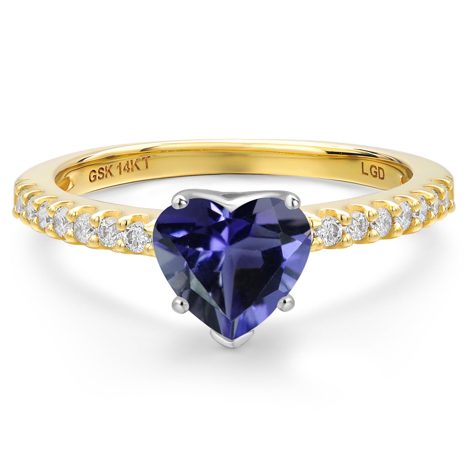 Gem Stone King 14K Two Tone Gold Blue Iolite and Lab Grown Diamond Engagement Ring for Women | 1.41 Cttw | Heart Shape 8MM | Gemstone Birthstone | Size 5