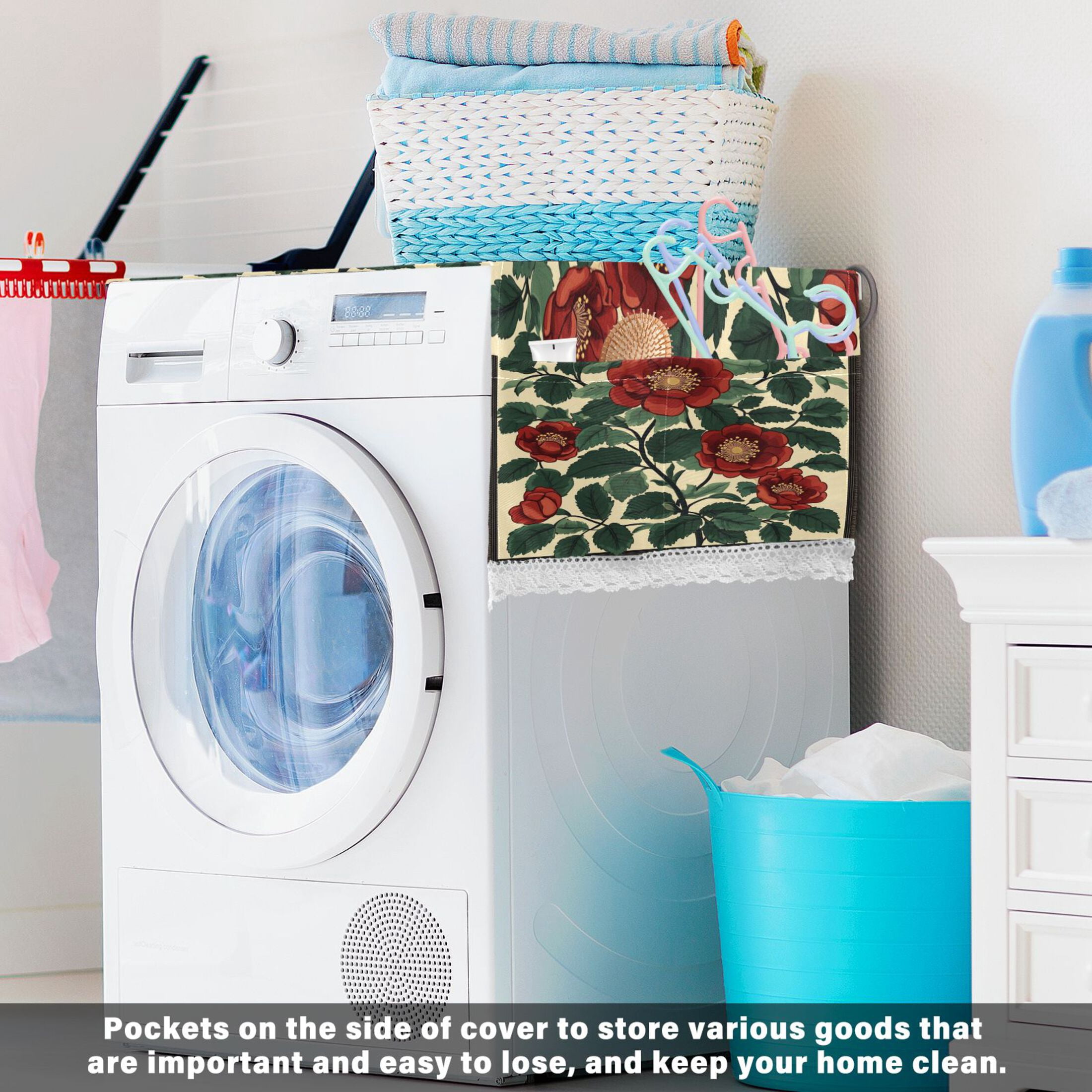 Peach BlossomWasher and Dryer Covers Dust-Proof and Oil Resistant Fridge Cover with 4 Storage Pockets Washing Machine Top Cover for Laundry Kitchen Home 51.2 x 22 In
