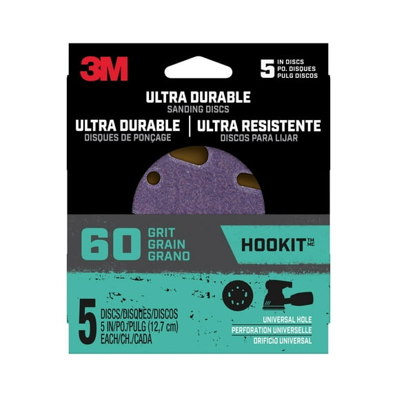 3M Ultra Durable 5 inch Power Sanding Discs, 60 Grit, Universal Hole, 5 Pack