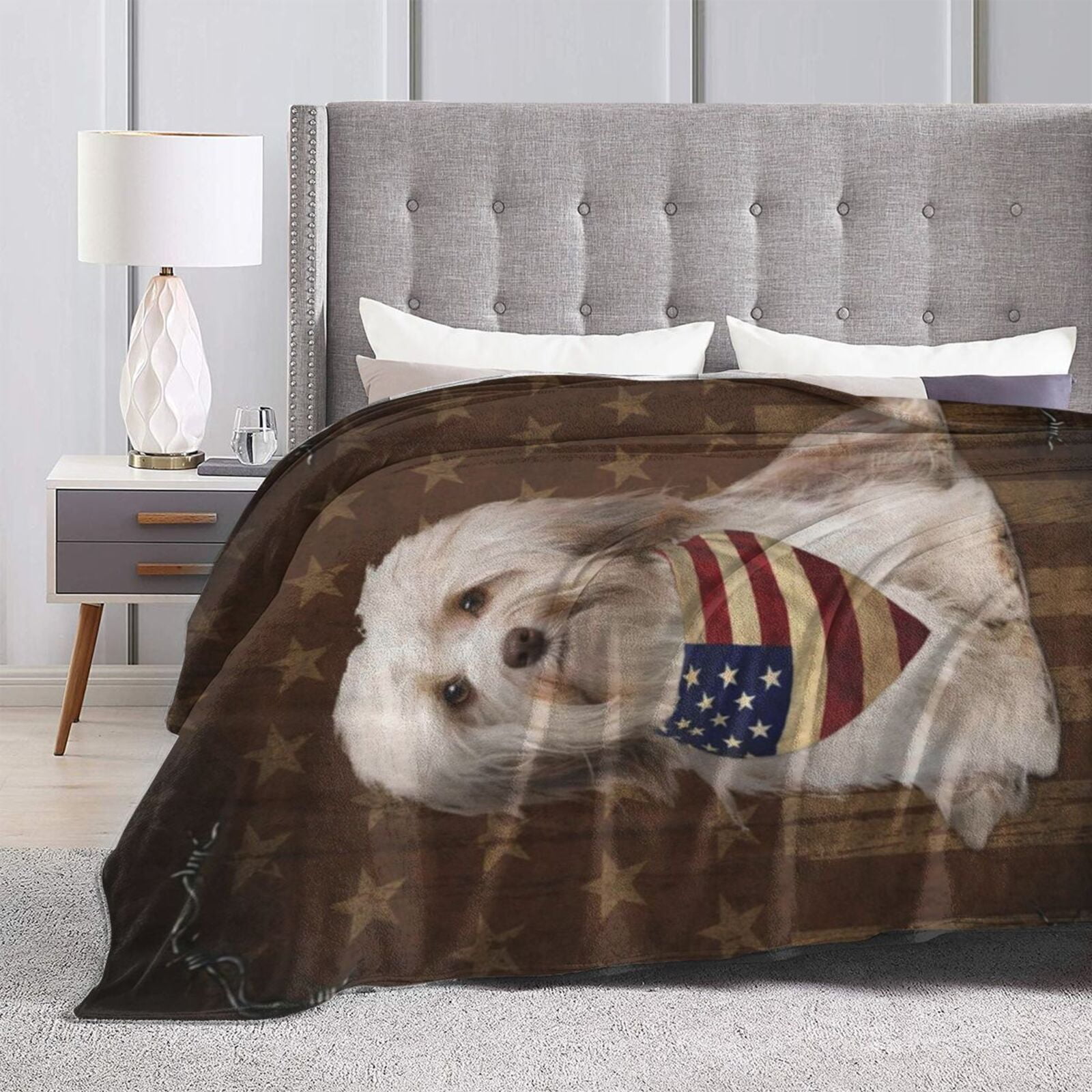 Wijzvio Havanese Dog With Vintage American Flag Throw Blanket Soft Fuzzy Fleece Blanket For Couch Bed Living Room Decoration 60"X50"