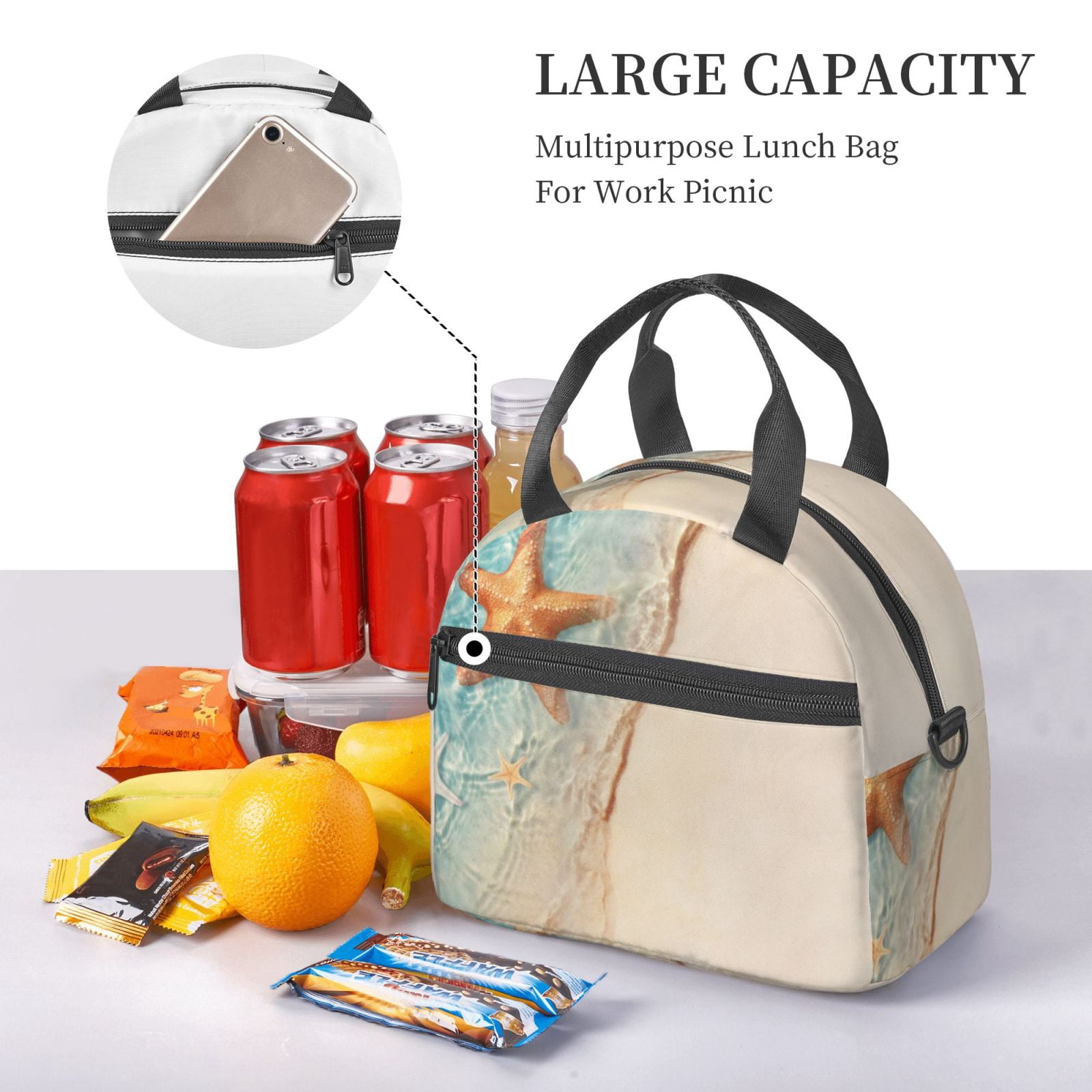 Xecao Starfish On The Sand Beach Print Insulated Lunch Box, Lunch Cags Lunch Bag Featuring An Adjustable Shoulder Strap