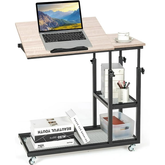 GRAFFY C Shaped End Table - Height Adjustable Couch Sofa Table with Tiltable Tabletop, Lockable Wheels and Storage Shelves, Mobile Side Table for Living Room, Bedroom (Natural)