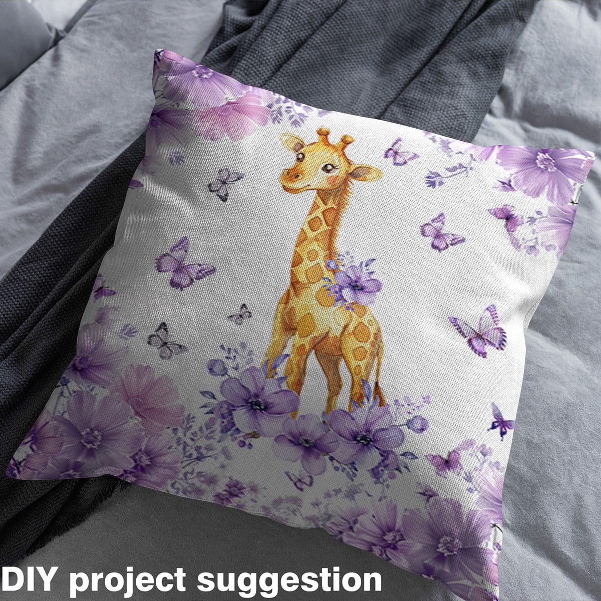 Manfei Watercolor Butterfly Giraffe Decorative Fabric by the Yard for Boys Girls, Jungle Wildlife Decorative Fabric by the Yard, Purple Flower Floral Sewing & Crafting Fabric