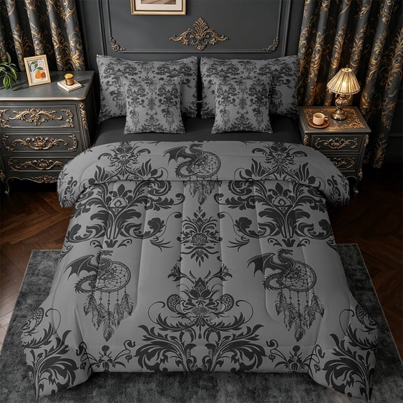 Manfei Damask Twin Bedding Sets 7-Piece,Gothic Flower Bedding Comforter Set 7-Piece,Gray Dragon Dreamcatcher Sheet Sets,Breathable Bedroom Decorative Reversible