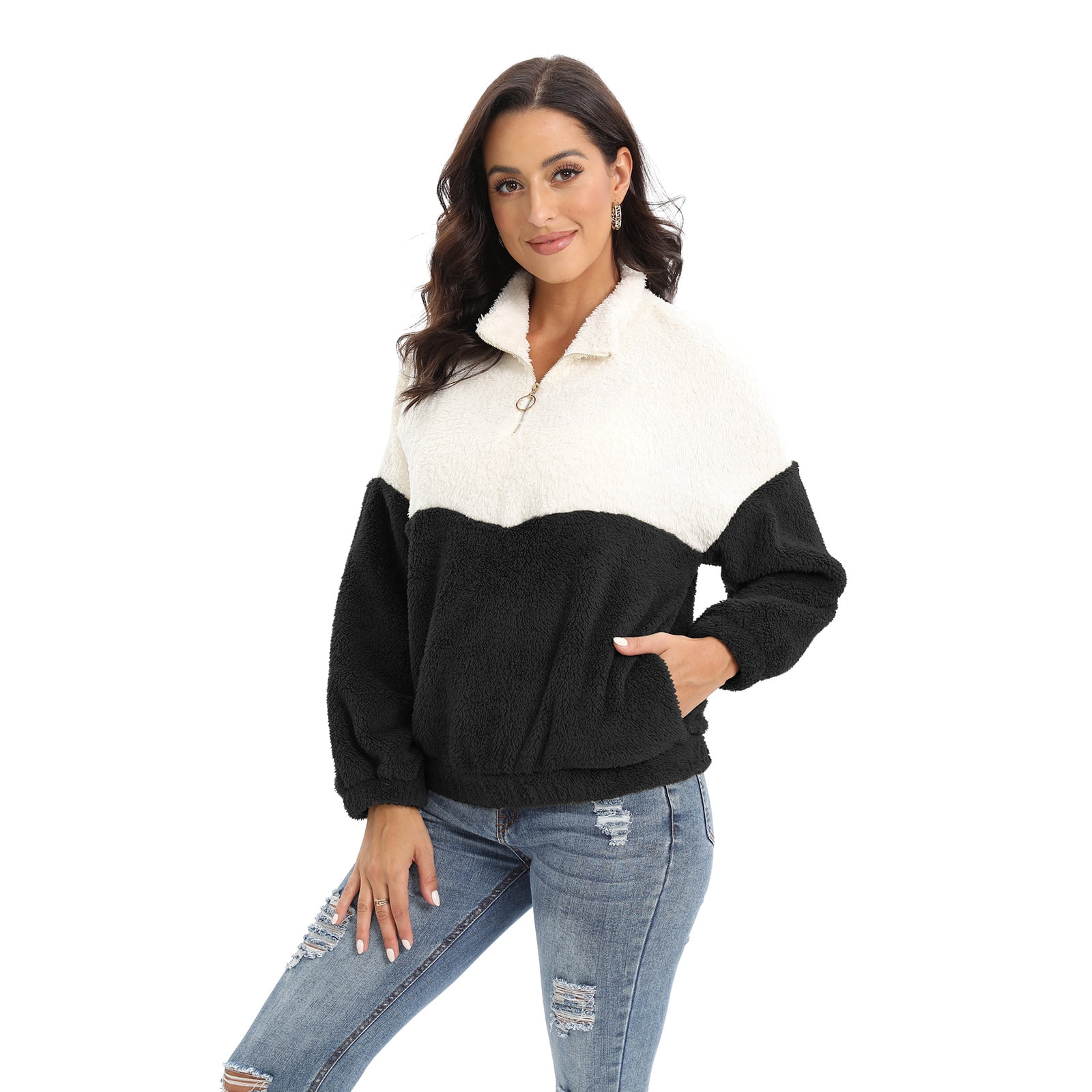 Sherpa Quarter Zip Pulloverwomen's Embroidered Sherpa Quarter Zip Hoodie -  Plush Winter Sweatshirt