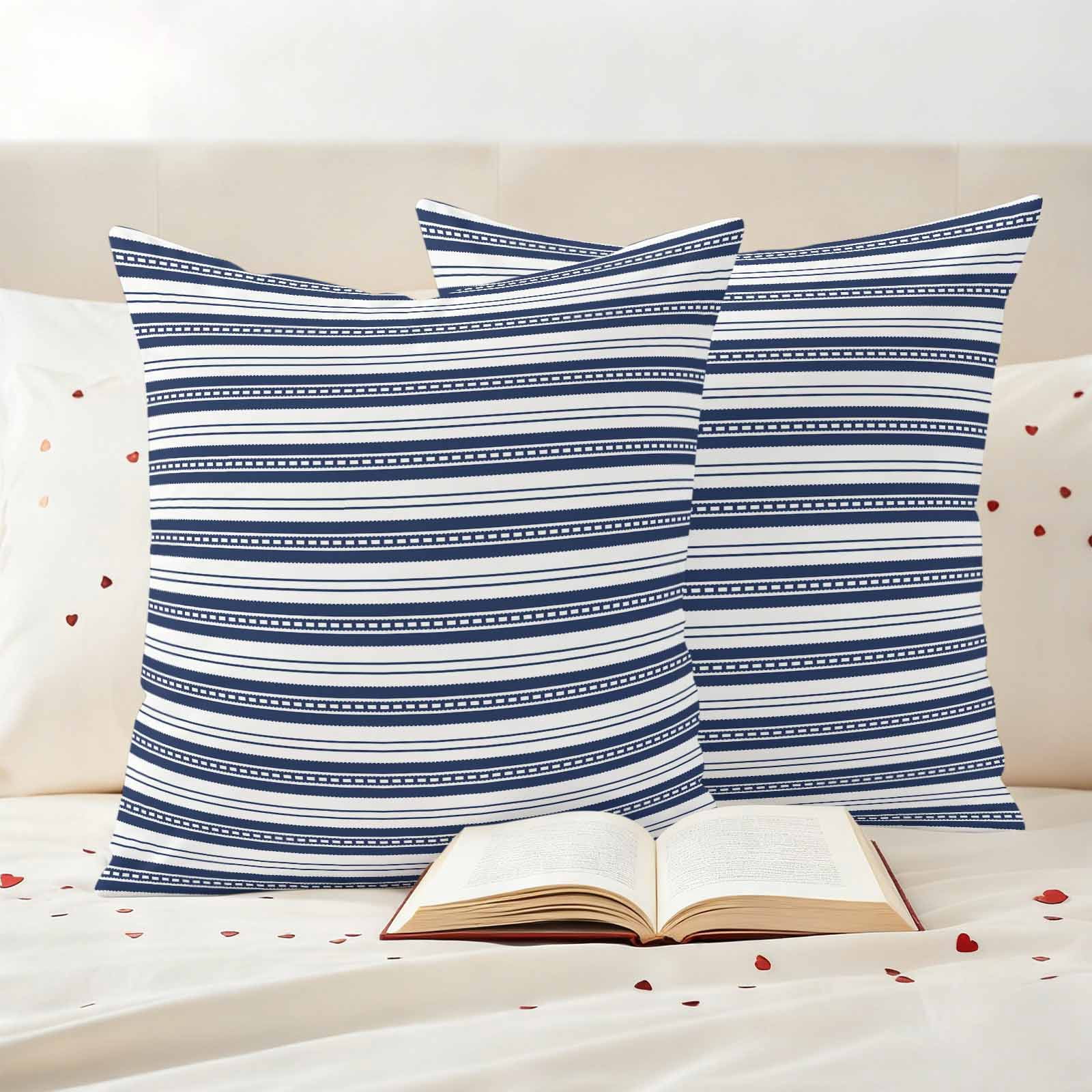 Navy Blue Striped Outdoor Waterproof Pillow Covers, Farmhouse Striped Geometric Art Decorative Square Throw Pillowcase Sofa Cushion Sham for Patio/Couch/Chair, 16"x16" 2 Pack
