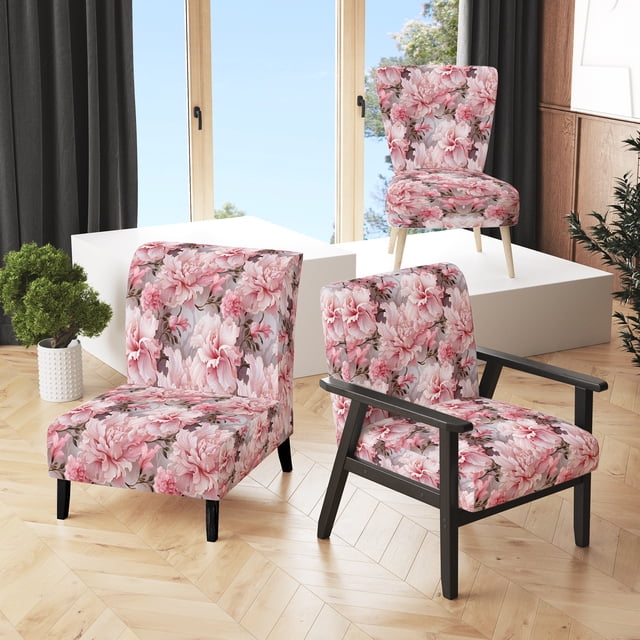 Designart "Ethereal Flourishing Rococo XXIII" Pink Floral Upholstered Accent Chair - Cottage Arm Chair For Living Room