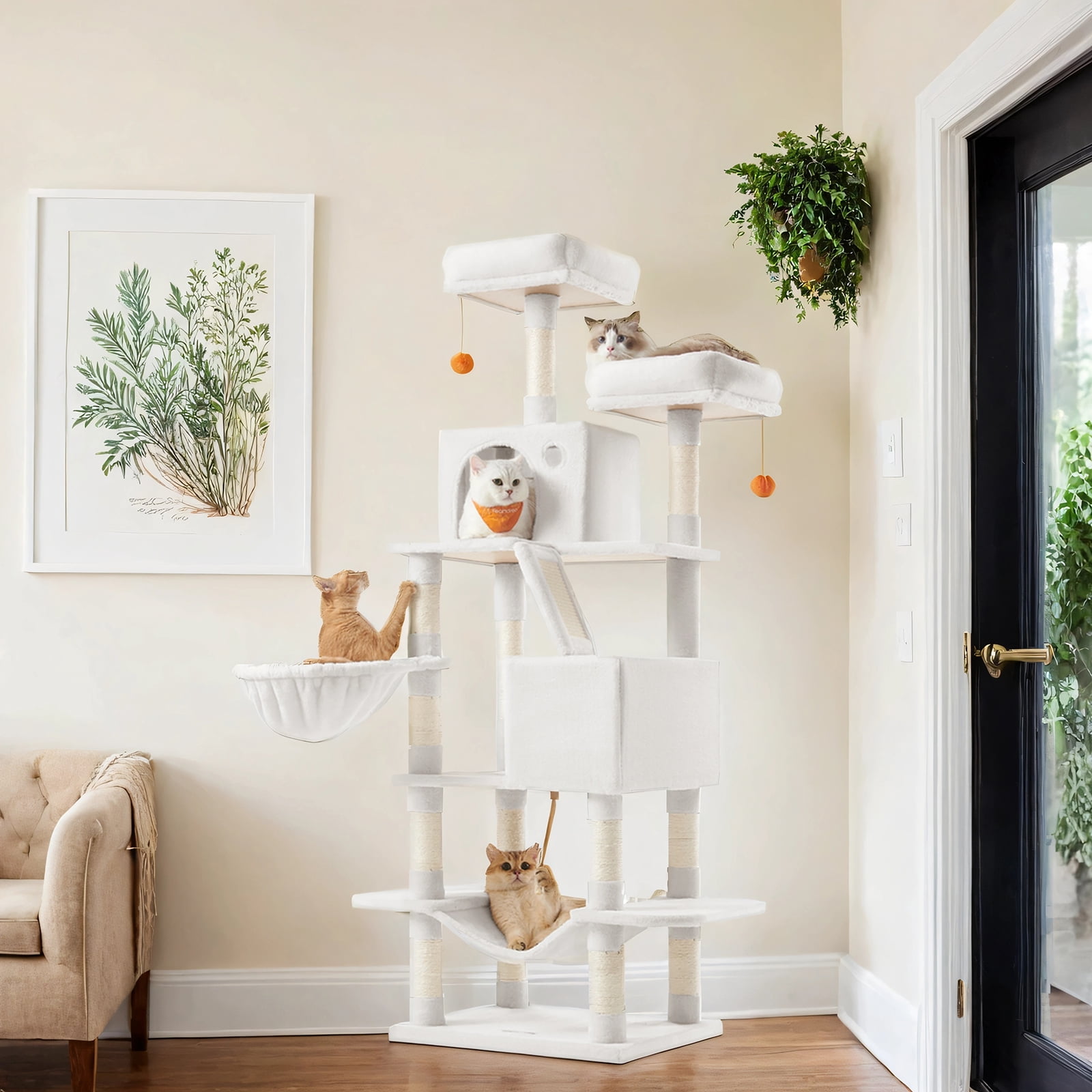 LEDREM 66.1-Inch Multi-Level Cat Tree Tower with 2 Perches, 2 Caves, Hammock & 13 Scratching Posts – Plush Climbing Condo for Indoor Cats, Cream White