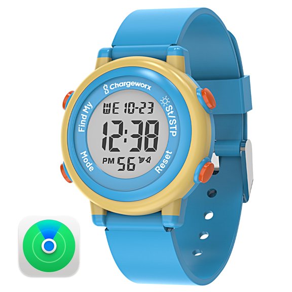 Chargeworx Kids Digital Watch with Built-In Tracker, Works with Apple Find My, for Boys and Girls Ages 4-12, 8 Color Backlight, Alarm and Stopwatch, No SIM or Monthly Fees, Water Resistant