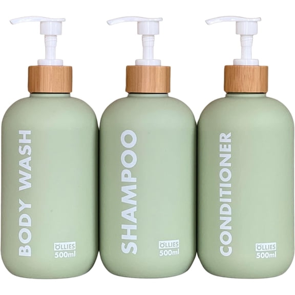 Shampoo and Conditioner Dispenser, Shower Soap Dispenser for Bathroom, Set of 3 with Permanent Stylish Label, 17oz, 500ml Refillable Bottles Green