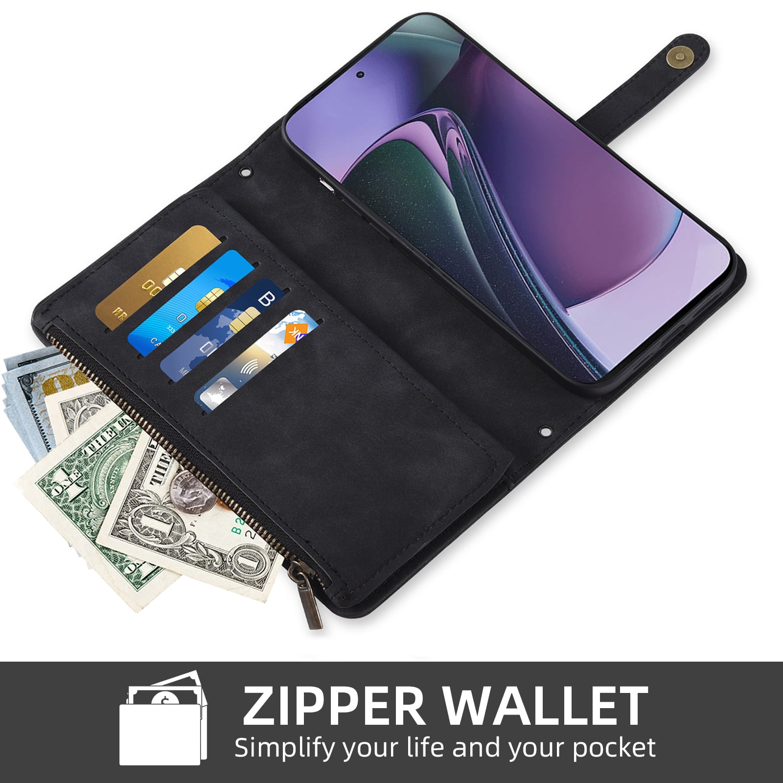 Asuwish Phone Case for Motorola Moto G Stylus 5G 2023 Wallet Cover With Tempered Glass Screen Protector Crossbody Wrist Strap Flip Pattern Zipper Card Holder Cell GStylus G5 XT2317DL XT2315-5 Black