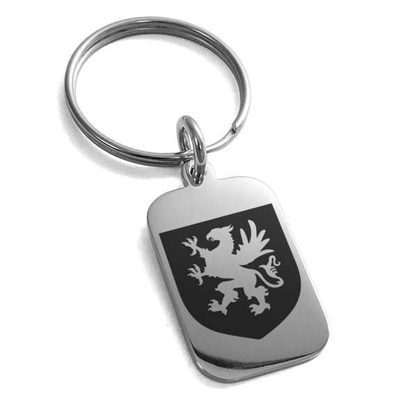 Stainless Steel Griffin Valor Coat of Arms Shield Engraved Small Rectangle Dog Tag Charm Keychain Keyring