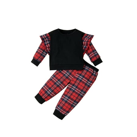 

Qmyliery Newborn Baby Girl Two Piece Suit Plaid Fly Shirt Elastic Trousers Gift