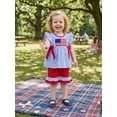 thumbnail image 4 of BemeyourBBs Toddler Baby Girl 4th of July Outfit Baby Girls Independent Day Summer Clothes Patriot American Flag Embroidery Plaid Fly Sleeve Tunic Shirt Tops Elastic Waist Ruffled Shorts Set, 4 of 8