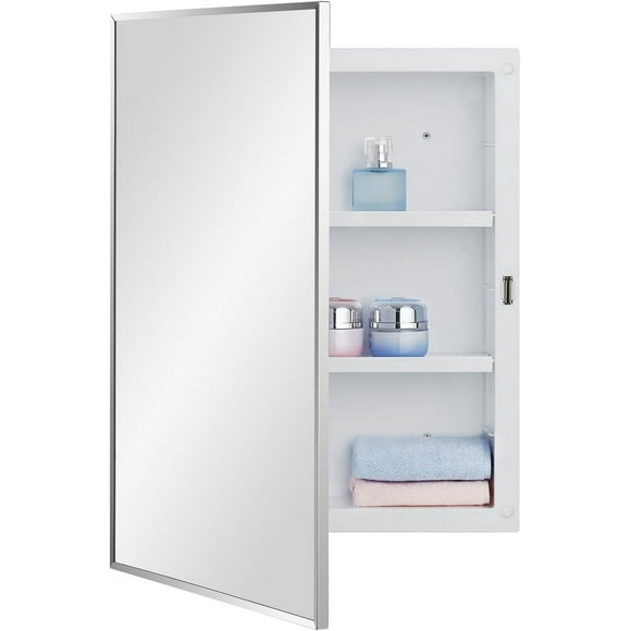 Plastic Bathroom Medicine Cabinet with Framed Mirror 16 x 22 inch, Surface and Recessed Mount