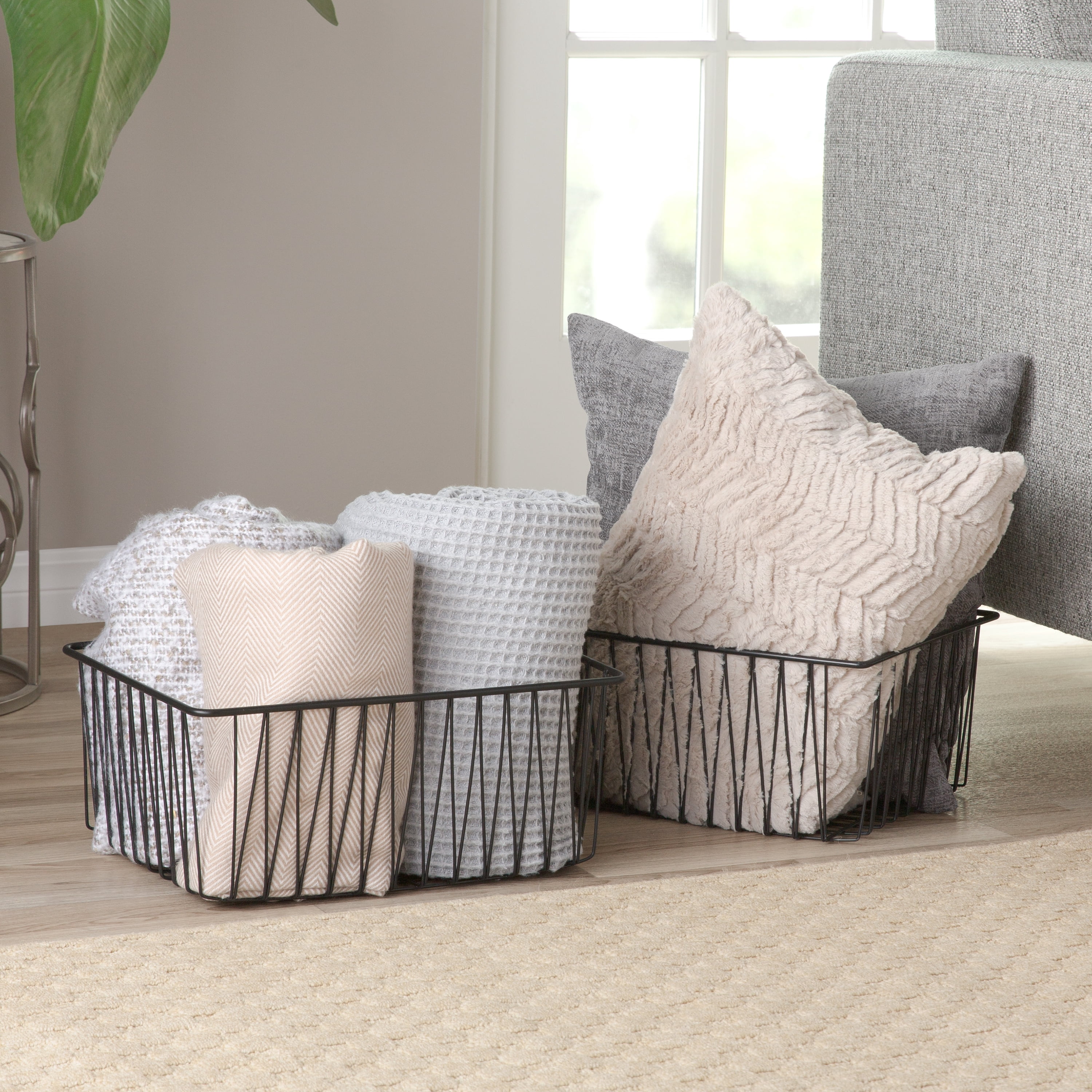 MoDRN Nordic Blush Woven Iron Wire Rectangular Floor Storage Basket, Set of 2