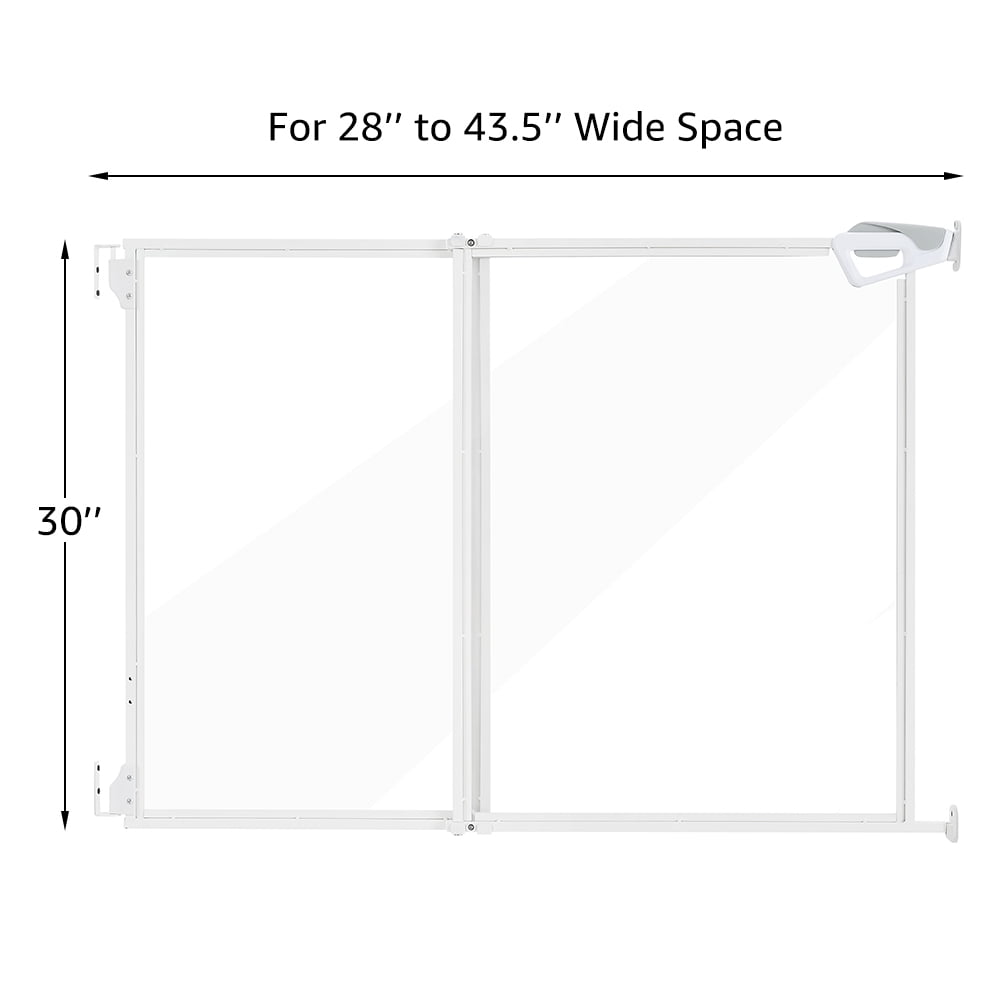 unipaws Clear Dog Gate, No Bottom Bar Pet Safety Gate for Doorways Hallways Stairs, Walk Thru Design with One-Hand Dual Swing Door, Indoor and Outdoor Use, Adjustable 28" to 43.5" Wide, 30" Tall