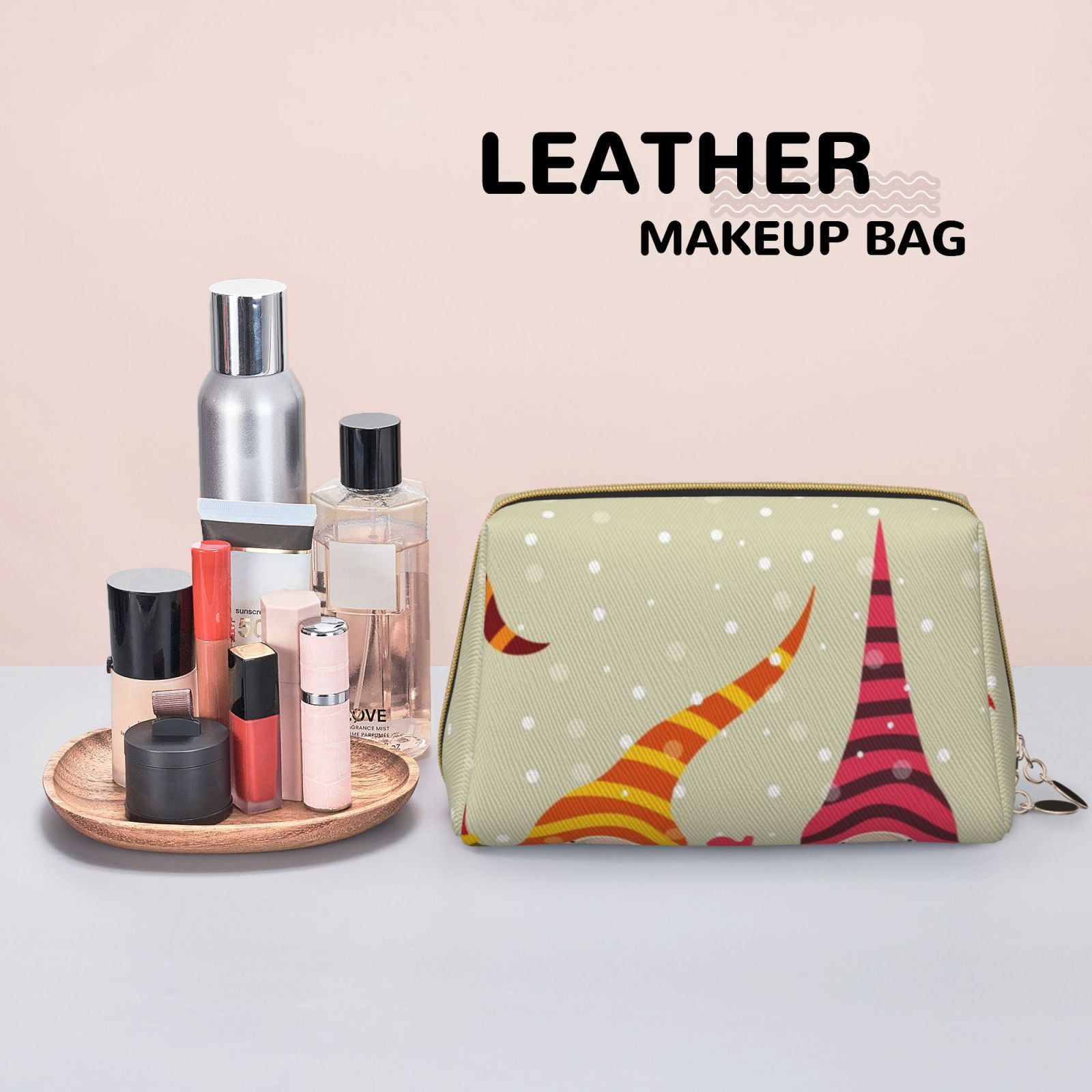 Picia Christmas Card With Gnomes Print Leather Makeup Bag Make Up Bag Travel Toiletry Bag for Her Girlfriend Teacher Teen Girl Gifts