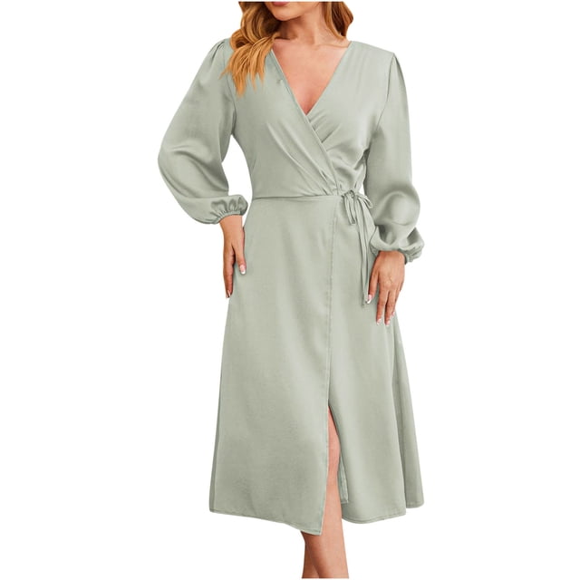 AherBiu Robe Midi à Manches Longues pour Femmes, Portefeuille, Col en V, Taille à Nouer, Fente, Tenue de Bureau Décontractée