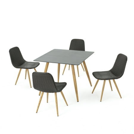 Glass Top Metal Finish - Gilda Outdoor 5 Piece Wicker Square Dining Set with Tempered Glass Table Top, Multibrown and Light Brown