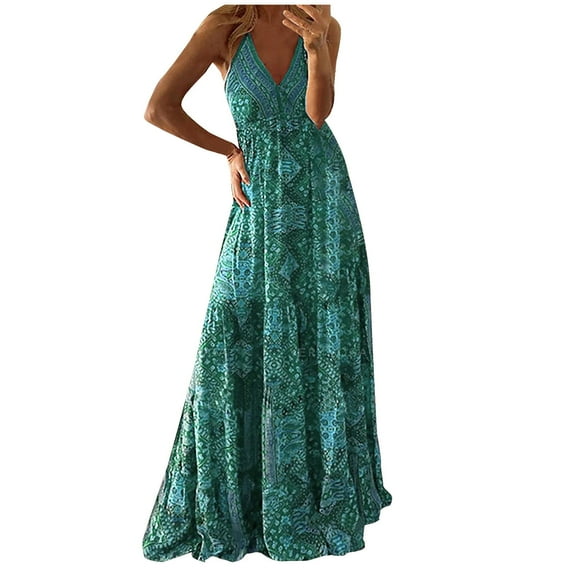 QLEICOM Women's 2023 Summer Dress Casual Print V-Neck Camis Sleeveless Vest Long Dress Maxi Dresses Beach Sundress Dress Green 3XL, US Size:14