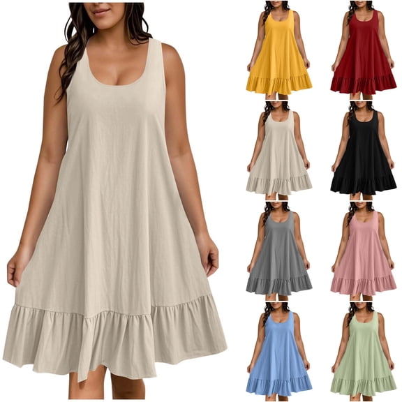 VtModv Plus Size Women Fashion Summer Spring Sleeveless Round Neck Dress Loose Elasticity Going Out Solid Color Maternity Dress